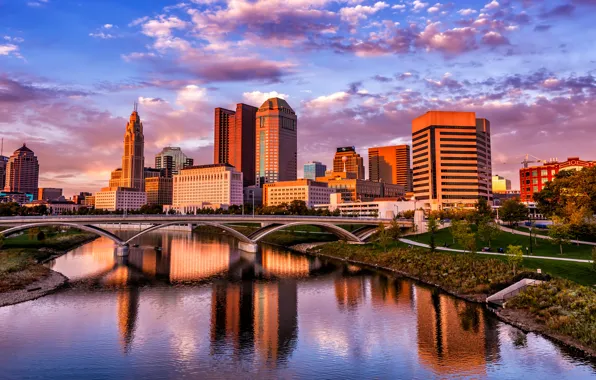 Summer, the sky, clouds, light, reflection, bridge, the city, shore