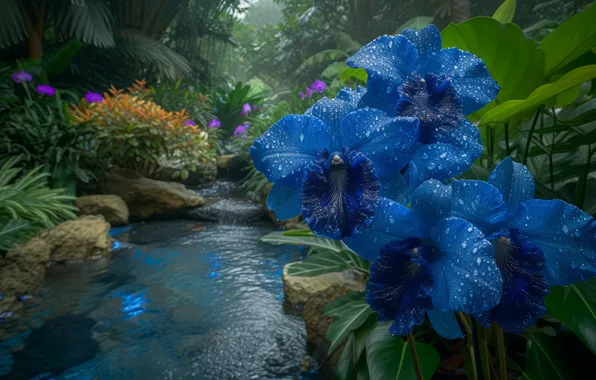 Leaves, drops, flowers, lake, tropics, pond, Park, stones