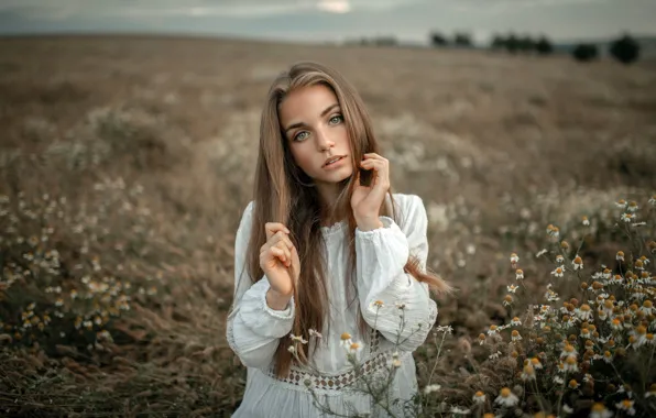 Picture field, look, flowers, nature, pose, model, portrait, chamomile