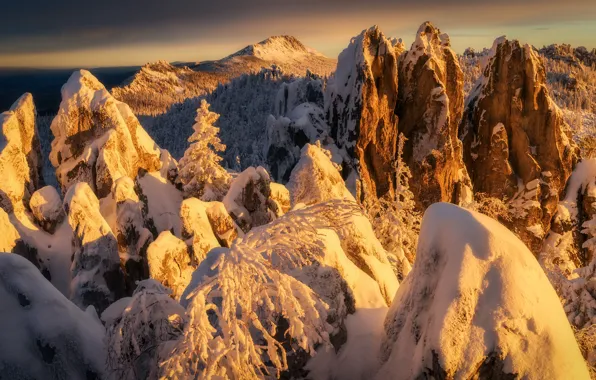 Winter, trees, landscape, sunset, mountains, nature, snow, Michael Turkei