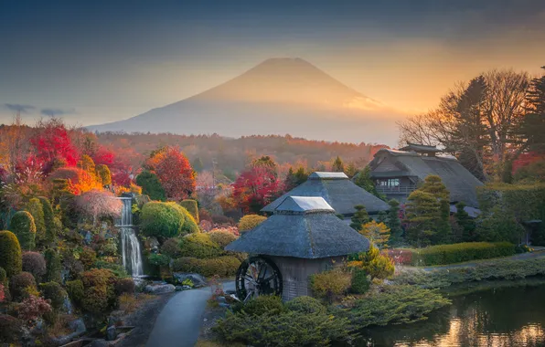 Picture pond, mountain, waterfall, Japan, village, Fuji, houses, Japan