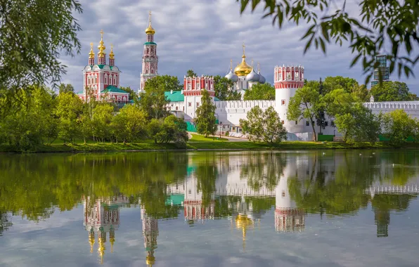 Trees, reflection, river, Moscow, Russia, architecture, the monastery, The Moscow river