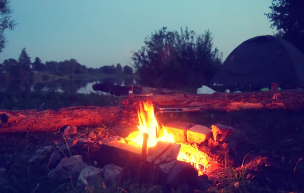 Night, lake, fire, shore, the evening, Tent, picnic, the fire