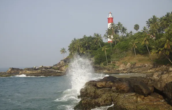 Picture sea, wave, nature, travel, palm trees, rocks, lighthouse, India