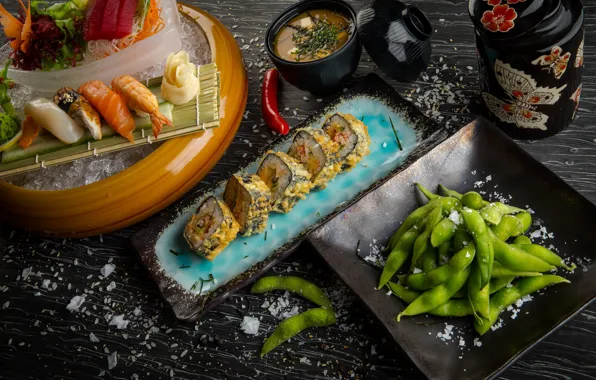 Sushi, rolls, seafood, cuts, asparagus, Soup