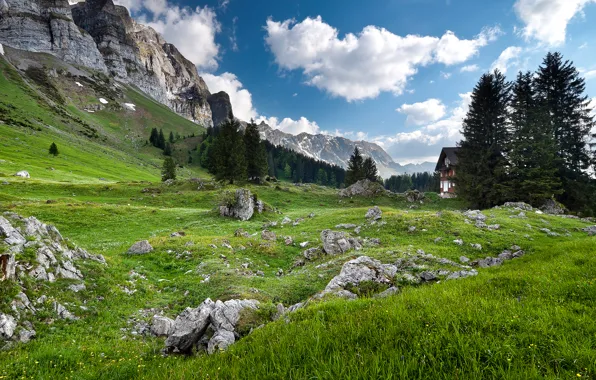 The sky, trees, mountains, house, stones, Alps, Alps, border area