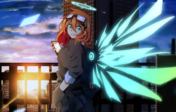 Picture the sky, girl, clouds, sunset, the city, home, wings, anime