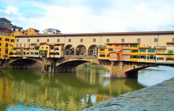 The sky, clouds, bridge, river, Italy, Florence, The Ponte Vecchio, Arno