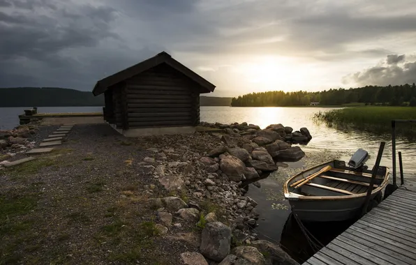 Picture landscape, night, lake, boat