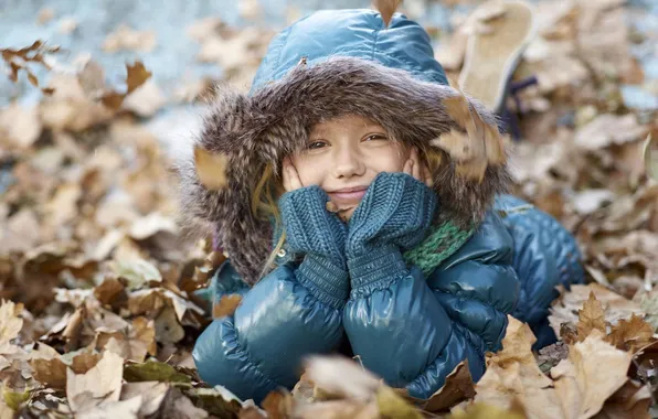 Picture autumn, look, leaves, nature, smile, child, jacket, hood