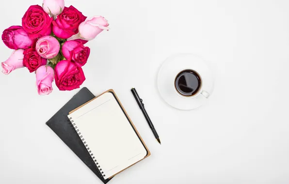 Flowers, coffee, roses, bouquet, handle, Cup, white background, Notepad