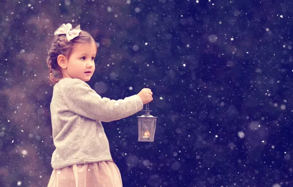 Snow, Christmas, girl, lantern