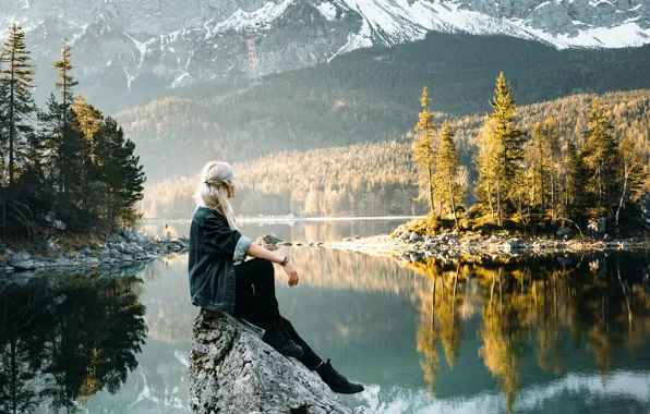 Picture forest, girl, mountains, pose, lake, reflection