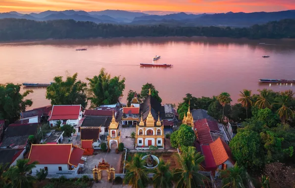 The evening, Lake, Town, Building, Beauty, Laos, Evgeni Fabis