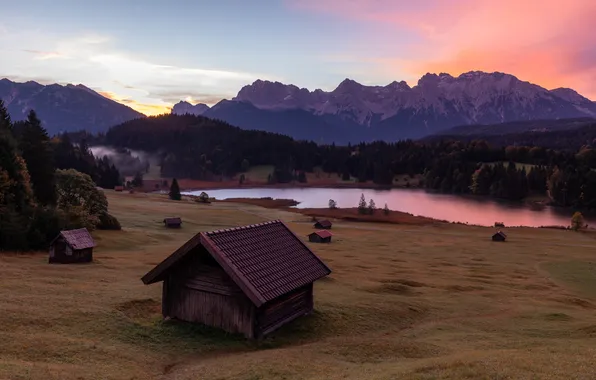 Mountains, river, home, beauty, the evening, morning, valley, horizon