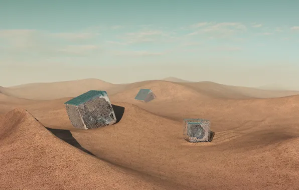 Fantasy, desert, grid, render, sand, cubes, surrealism, blender3d