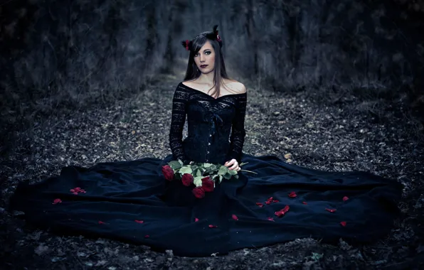 Picture girl, roses, petals, dress, in black, Garcia, Emmanuel