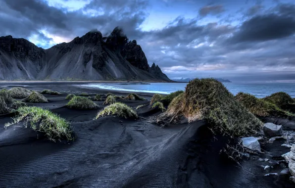 Sea, grass, clouds, mountains, shore, Iceland, Iceland, black sand