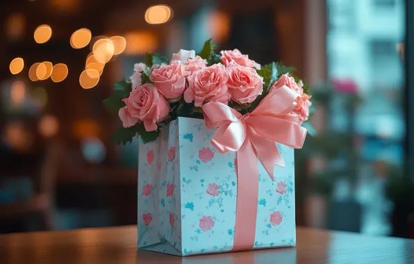 Flowers, lights, table, holiday, gift, roses, bouquet, package