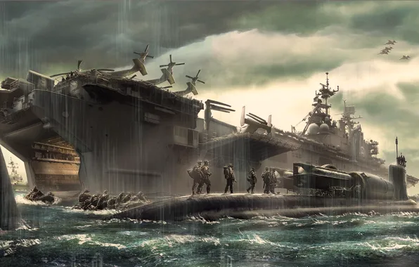 Fantasy, ship, submarine, landing