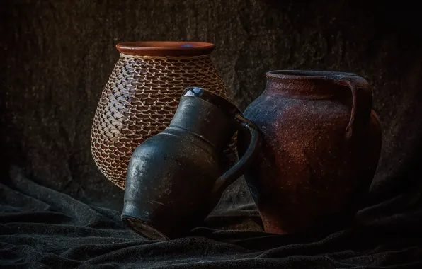 Fabric, pitcher, still life, ceramics