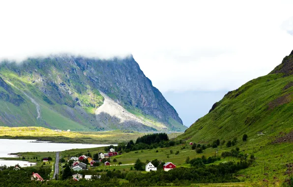 Picture clouds, mountains, lake, Norway, houses, Torvdalshalsen