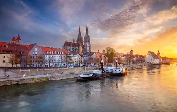 The sky, sunset, river, building, home, Germany, Bayern, steamer