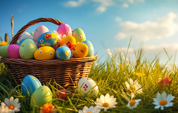 Flowers, basket, glade, eggs, spring, colorful, Easter, happy