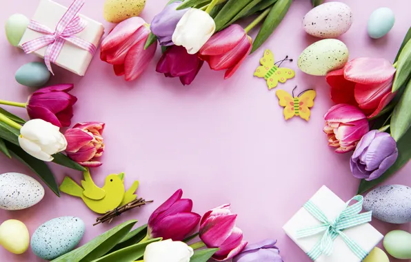 Flowers, eggs, spring, colorful, Easter, tulips, happy, pink