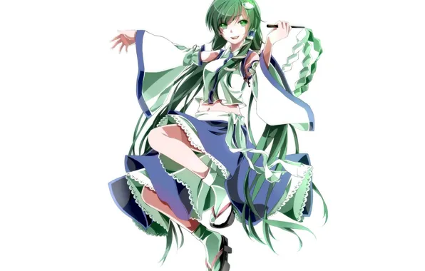 Picture smile, dance, white background, priestess, green hair, art, Kochi Have Done The Art, Touhou Project