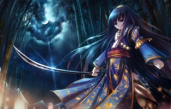 Picture look, girl, night, weapons, anger, katana, bamboo, the full moon
