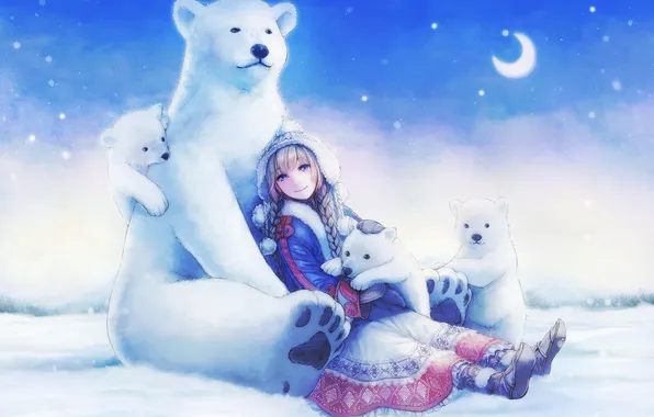 Picture winter, girl, snow, smile, hat, a month, anime, bears