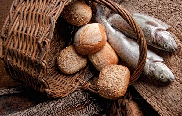 Picture basket, fish, bread, buns