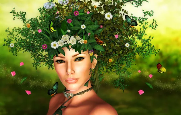 Girl, butterfly, flowers, pollen, Nature
