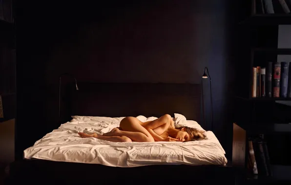 Girl, books, bed, sleep, blonde, bed, lamp, bedroom