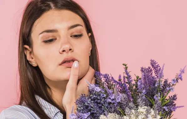 Girl, flowers, face, portrait, bouquet, finger, brown hair, gesture