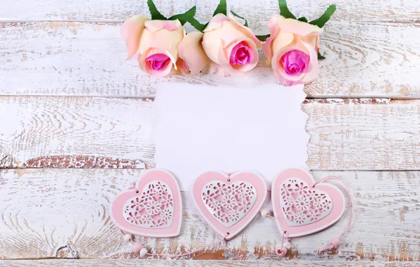 Picture roses, hearts, love, heart, wood, pink, flowers, romantic