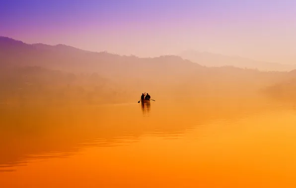 Fog, lake, dawn, hills, boat, morning