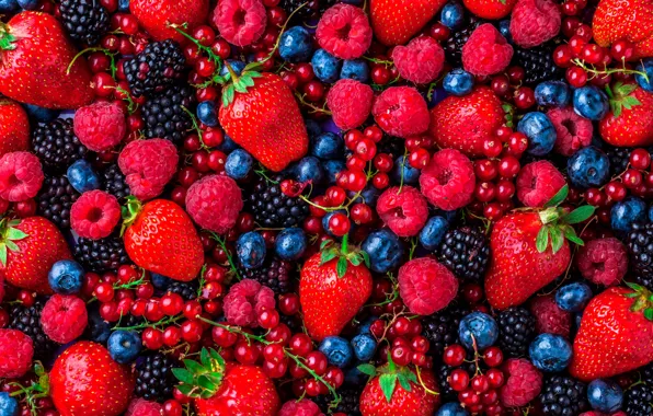 Berries, raspberry, blueberries, strawberry, red, placer, bright colors, a lot
