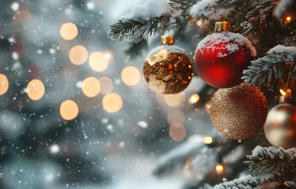 Winter, balls, snow, branches, nature, lights, Christmas, red