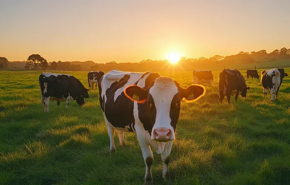 Field, grass, face, the sun, light, fog, dawn, cow
