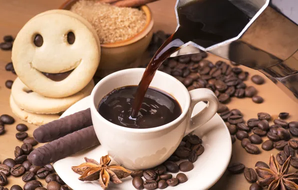 Mood, coffee, cookies, drink, cinnamon, chocolate sticks, Anis, a Cup of coffee