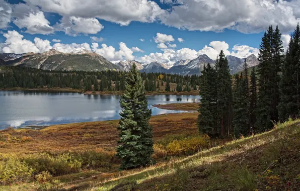 The sky, clouds, landscape, mountains, forest, pond