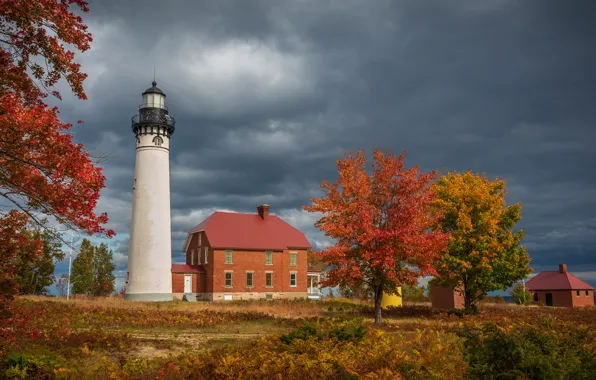 Autumn, trees, lighthouse, home, Michigan, Michigan, Au Sable Light Station, Grand Marais