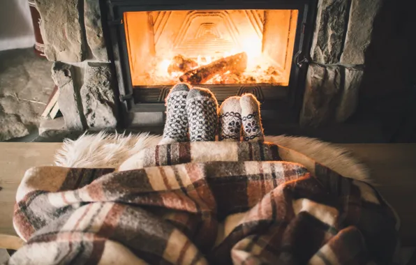 Picture fire, feet, pair, socks, fireplace, plaid, two
