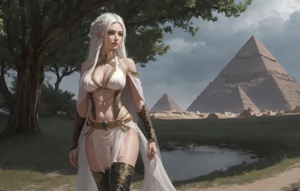 Girl, fantasy, nature, art, painting, fantasy art, pyramids, white hair