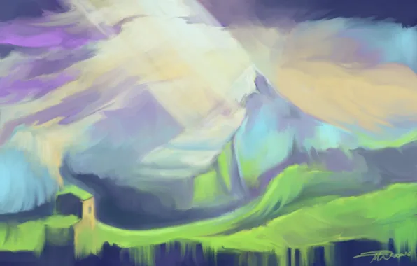 Light, mountains, house, art, painted landscape, Snowmarite