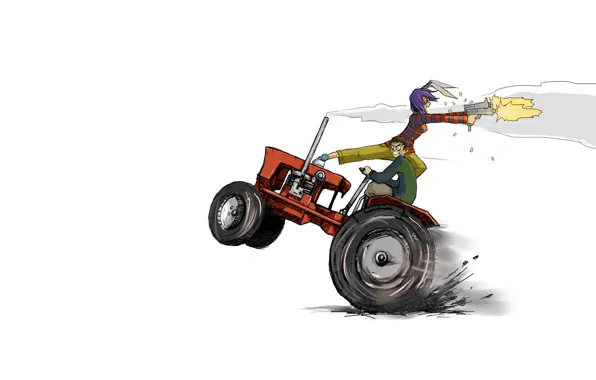 Machine, girl, weapons, people, chase, minimalism, anime, tractor