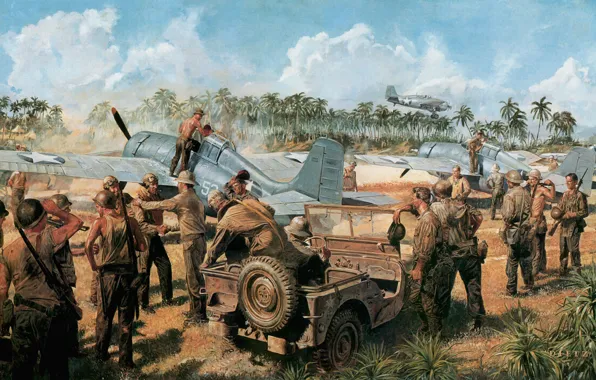 The sky, clouds, war, island, picture, soldiers, Americans, the plane