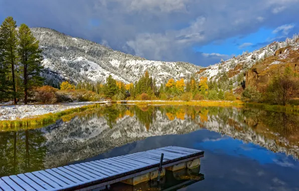 Picture autumn, trees, mountains, lake, reflection, Wyoming, Yellowstone, Wyoming